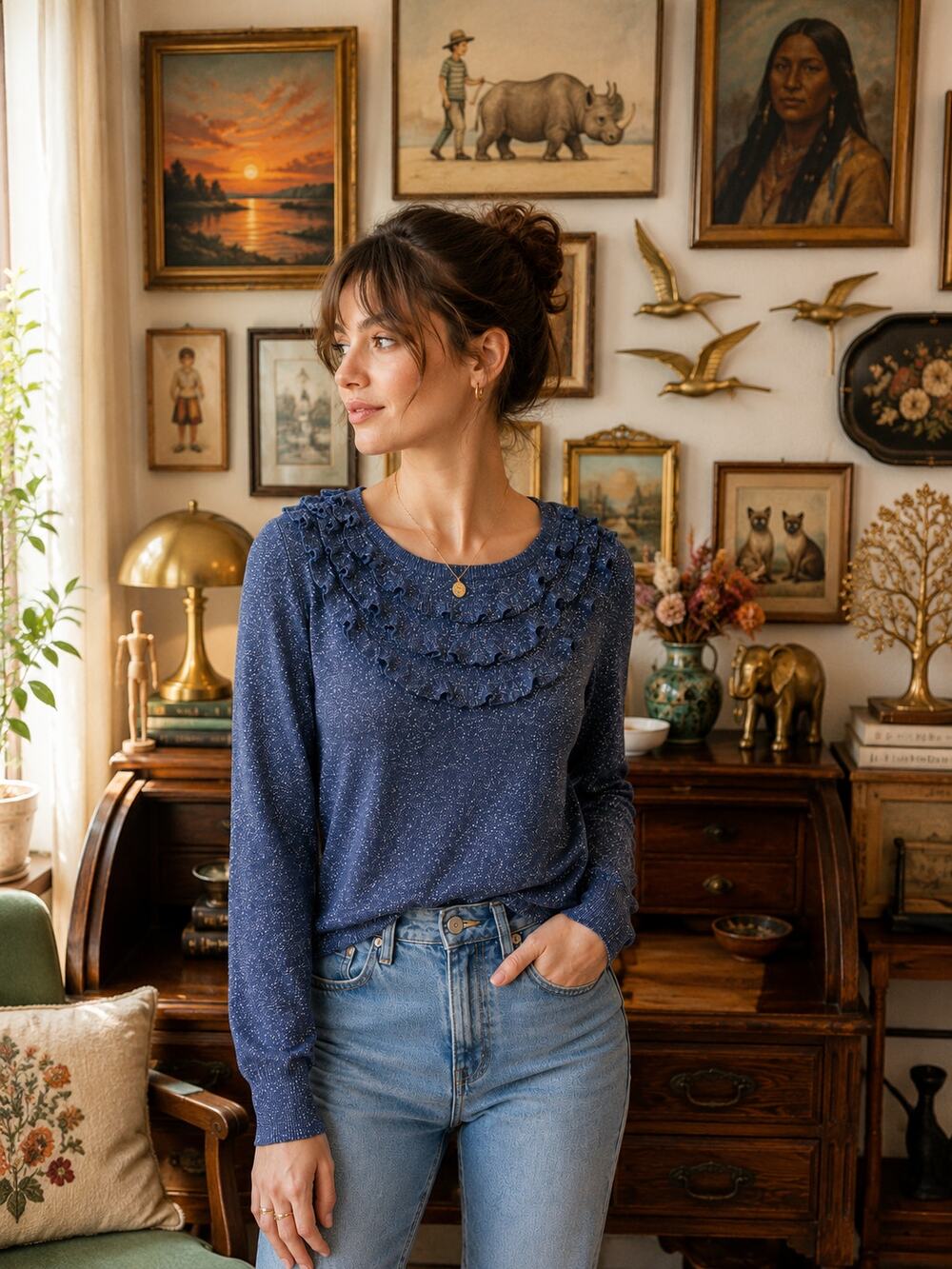 Anthropologie Andersen & Lauth Metallic Blue Ruffle Sweater XS Shimmer Knit